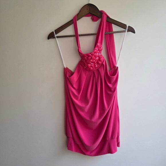 Charlotte Russe Tops - Charlotte Russe Hot Pink Beaded Halter Top Y2K Party Blouse Micro‎ Mini Medium